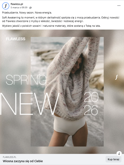 Kreacja reklamowa kampanii fashion dla marki Flawless z branży fashion – lifestyle’owy key visual wykorzystany w działaniach Meta Ads, zaprojektowany pod budowanie zasięgu i zainteresowania kolekcją.