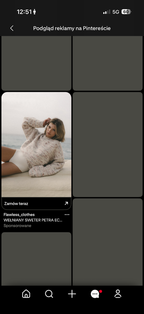 Reklama Pinterest dla marki z branży fashion Flawless wyświetlana w feedzie inspiracji – estetyczny pin produktowy zaprojektowany pod budowanie świadomości i generowanie ruchu do sklepu na wczesnym etapie ścieżki zakupowej.