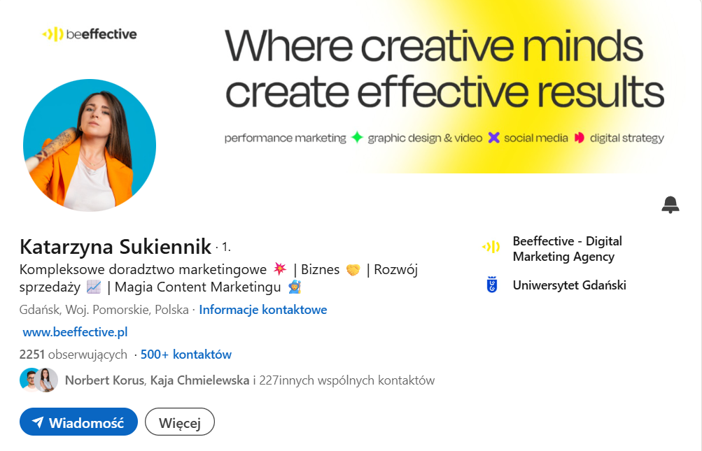 Przykład dobrze uzupełnionego profilu osobistego na LinkedIn z profesjonalnym zdjęciem, nagłówkiem i spójnym wizerunkiem eksperckim.
