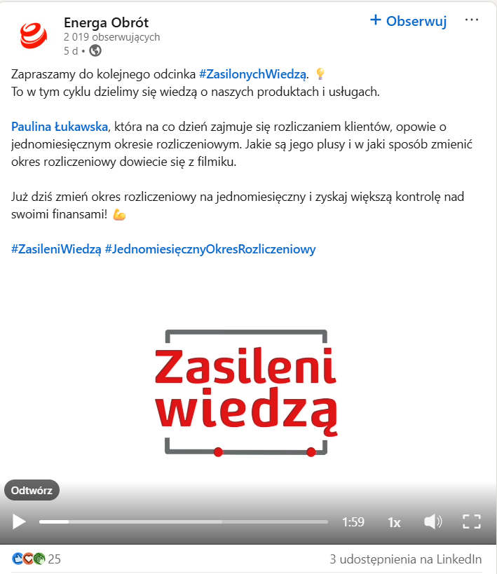 Post na LinkedIn promujący serię edukacyjnych materiałów wideo, jako przykład eksperckiej komunikacji marki.