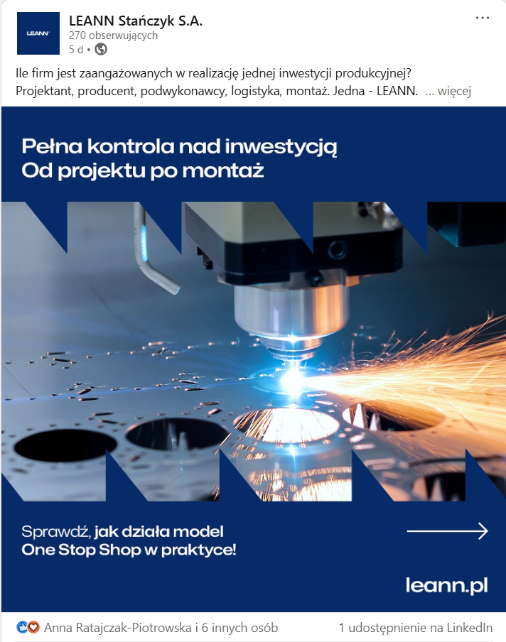 Przykładowy post na LinkedIn z branży przemysłowej pokazujący ekspercką komunikację, edukacyjny content i angażujące wykorzystanie platformy.