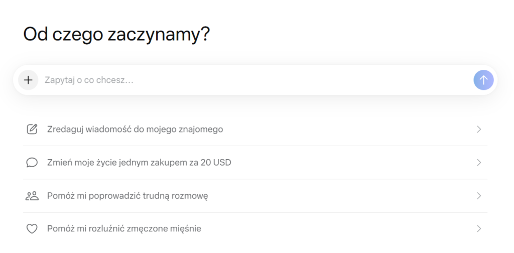Asystent Meta AI i wyszukiwarka. Widoczne są dostępne funkcje i możliwe opcje działania.