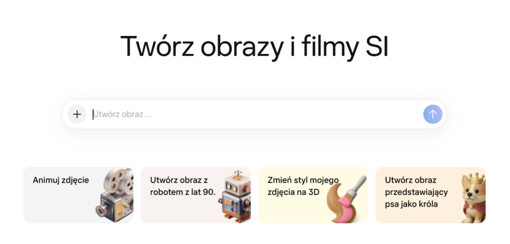 Asystent Meta AI do tworzenia obrazów i filmów SI. Opcje takie jak: animowane zdjęcia, obrazy, styl 3D.