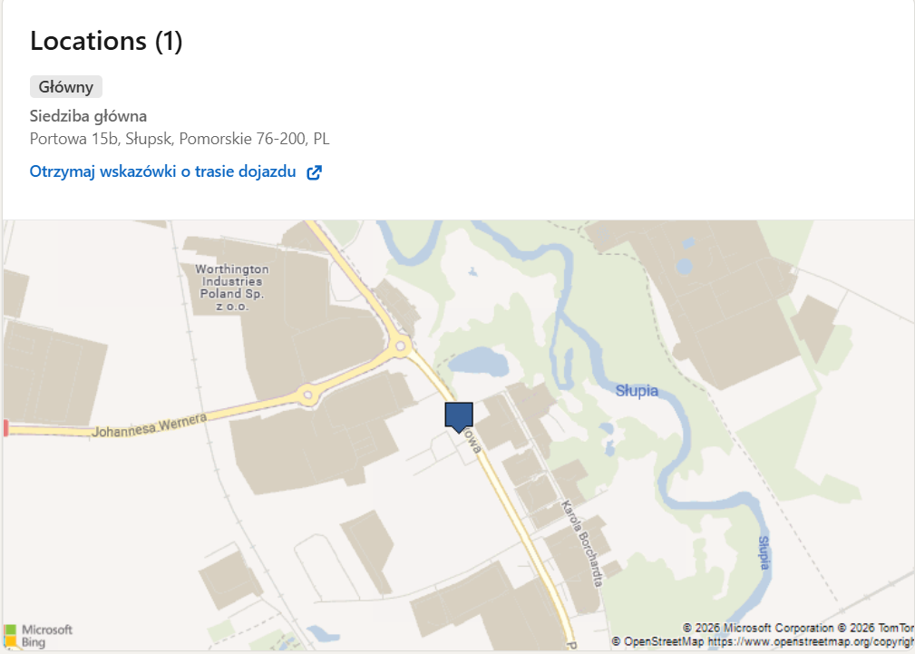 Zrzut ekranu sekcji LinkedIn z mapą pokazującą lokalizację firmy oraz dane kontaktowe na profilu firmowym.