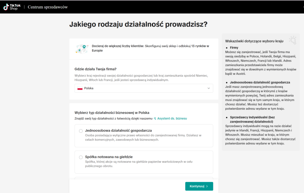Widok panelu przy zakładaniu konta sprzedawcy na TikTok Shop.