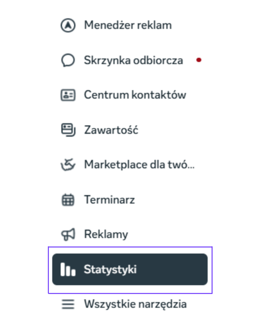 Panel „Statystyki” w Meta Business Suite z wynikami działań na Facebooku i Instagramie, takimi jak zasięg, wyświetlenia i interakcje.